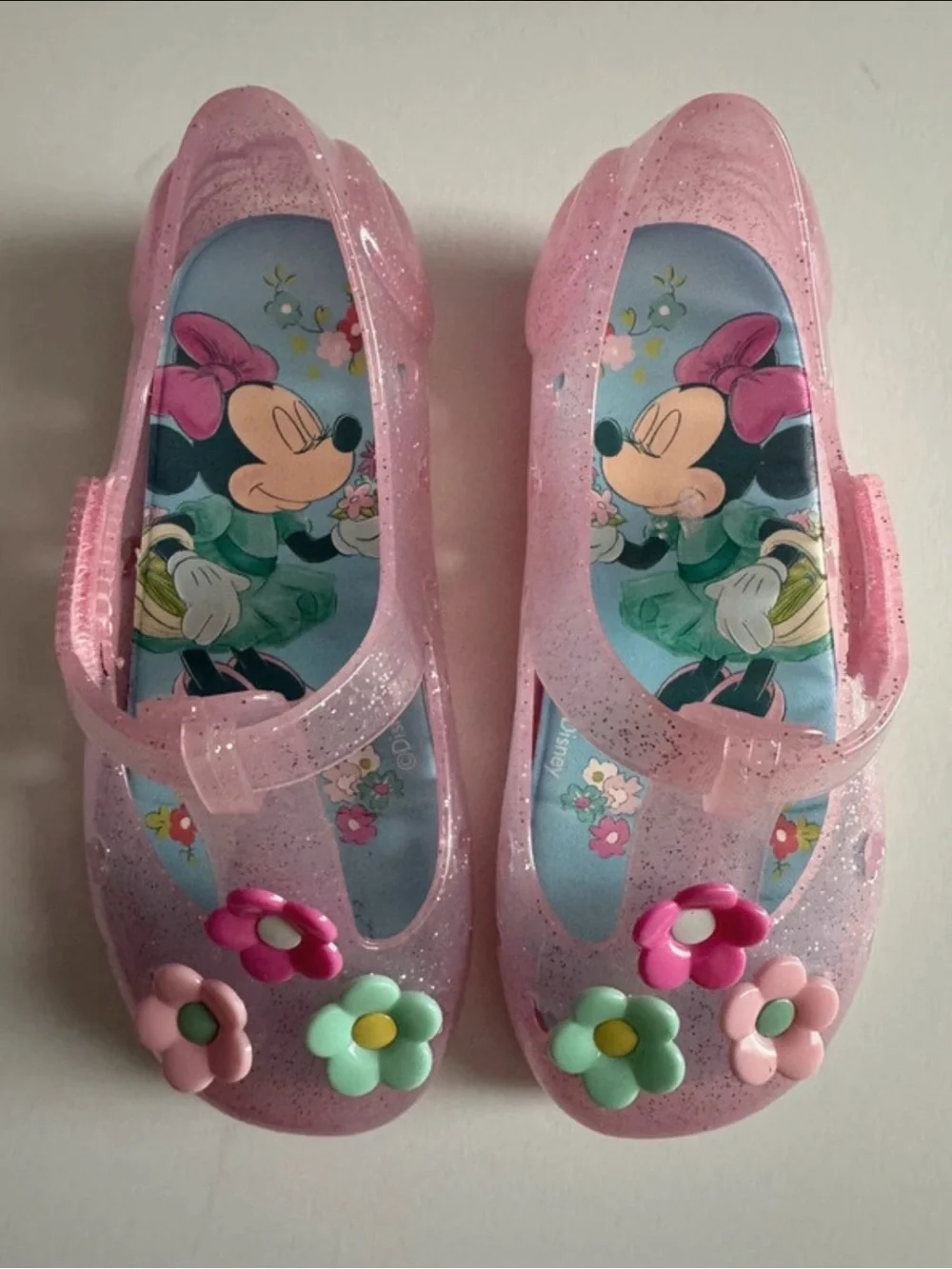 Disney Pink Glitter Jelly Mary Janes with Floral Accents